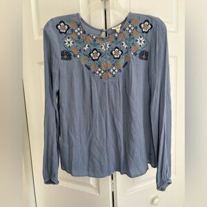 Harper Heritage Boho Blue Long Sleeve Embroidered Top Women’s S